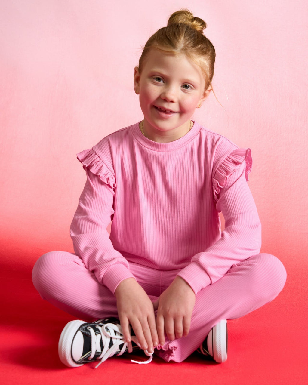 Sweet Pink Ribbed Flutter Crewneck