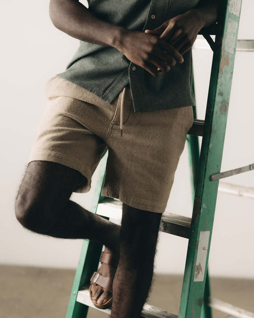 The Apres Short in Heather Oat Crepe